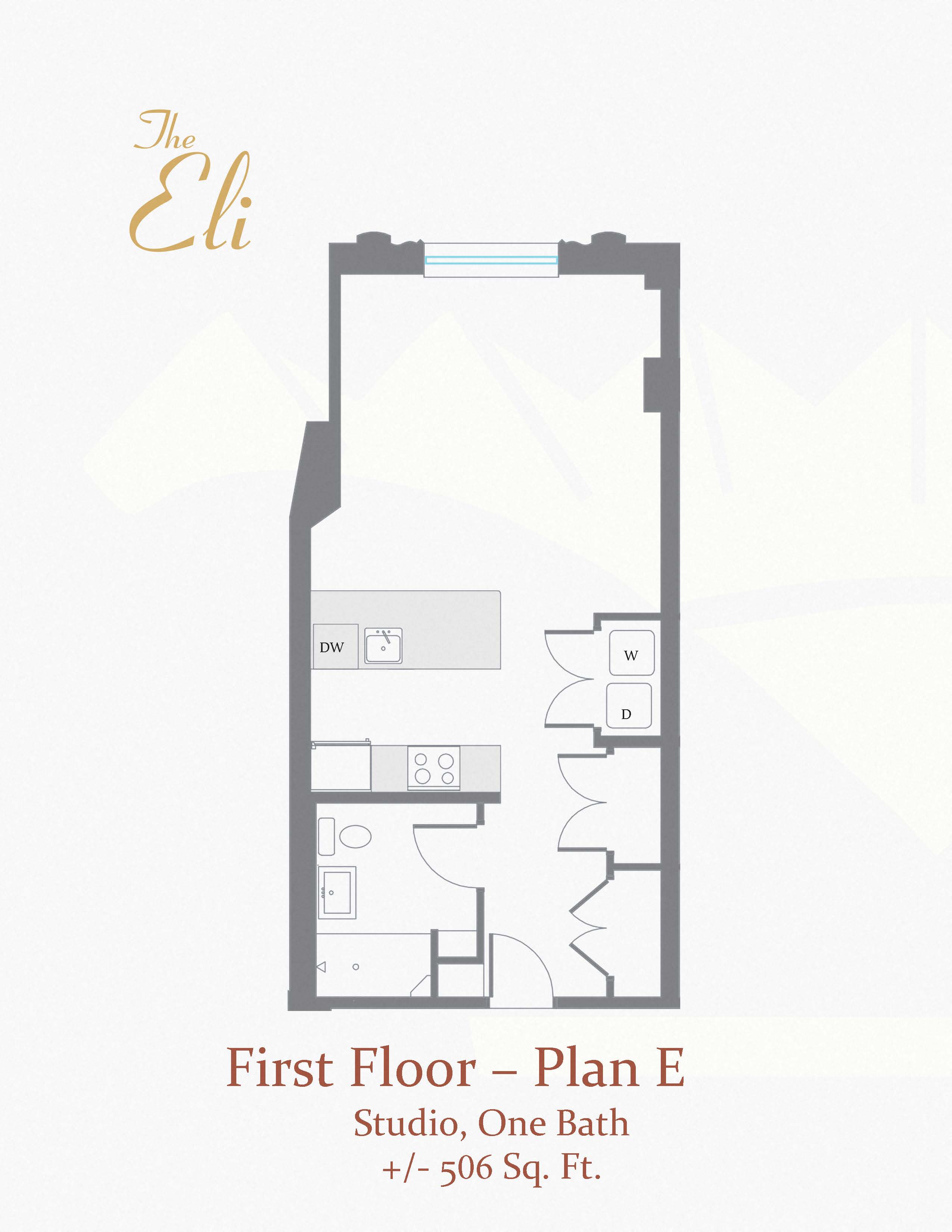Floor plan for studio, 1 bath, 506 sqft